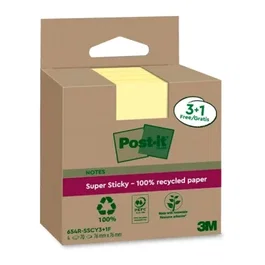Post-It PACK 3+1 BLOCS 90 HOJAS NOTAS RECICLADAS ADHESIVAS 76X76MM SUPER STICKY AMARILLO PASTEL 654 RSSCY3+1F 7100285105