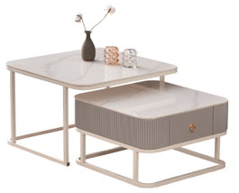 DKD Home Decor Mesa Centro Glam Blanco Piedra Sinterizada y Metal Set de 2 70x45x70 cm