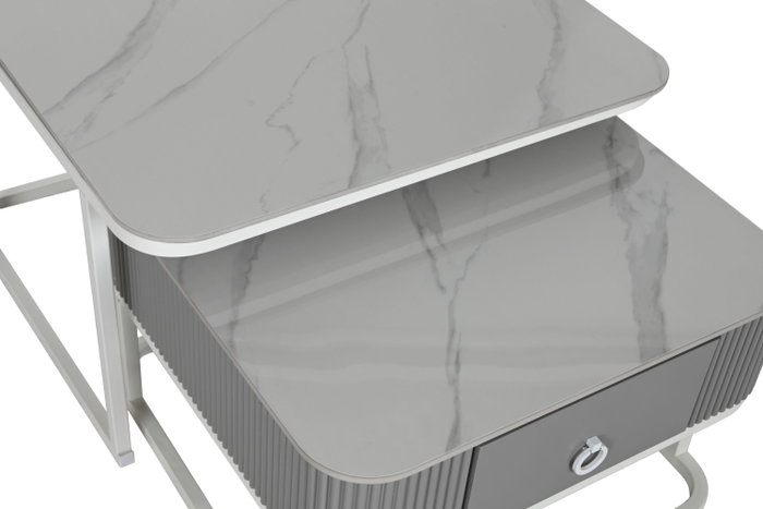 DKD Home Decor Mesa Centro Glam Blanco Piedra Sinterizada y Metal Set de 2 70x45x70 cm