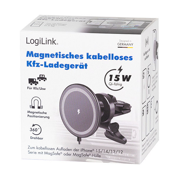 LogiLink Cargador inalámbrico para coche con soporte para smartphone 15W, redondo