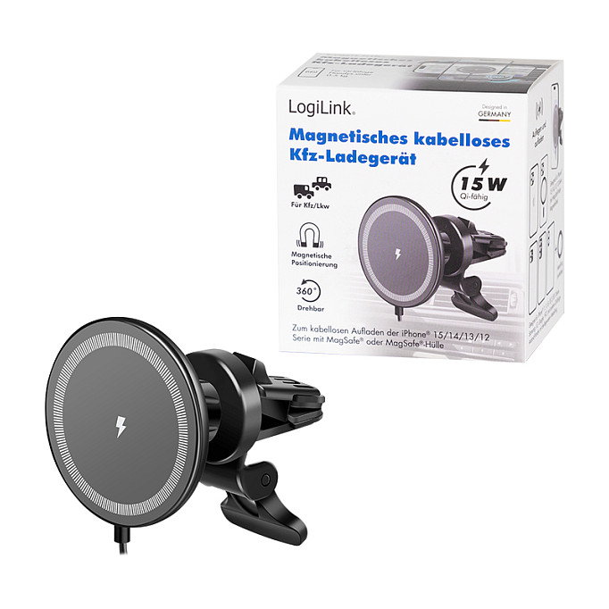 LogiLink Cargador inalámbrico para coche con soporte para smartphone 15W, redondo