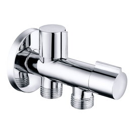 Verhal Válvula de Escuadra Doble ½ x ½ x ½ Pulg, Latón Cromado, Montura Cerámica, ¼ Vuelta, 114x67 mm, Doble Salida Independiente