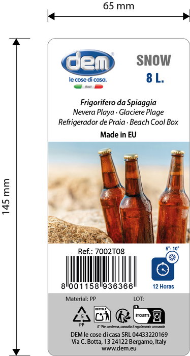 Inde Nevera Playa 8L Snow Surtida, Medidas 18 x 28.4 x 25 cm (8 Unidades)