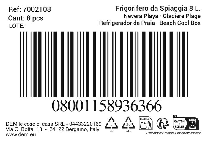 Inde Nevera Playa 8L Snow Surtida, Medidas 18 x 28.4 x 25 cm (8 Unidades)