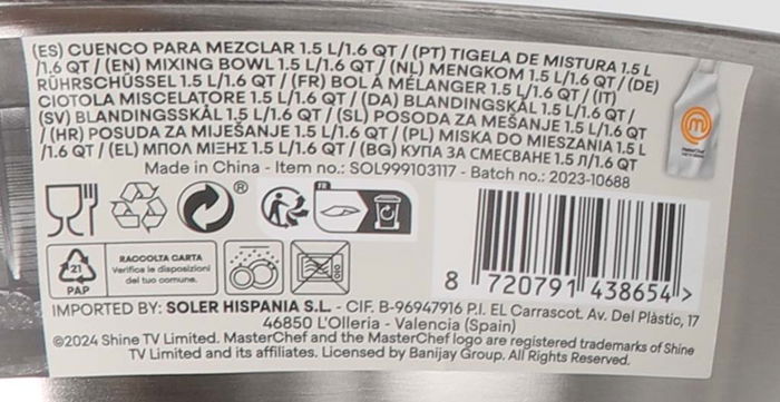 Masterchef Bol Acero Inoxidable Ø19 x 7.5 cm / 1.2 L (24 Unidades)