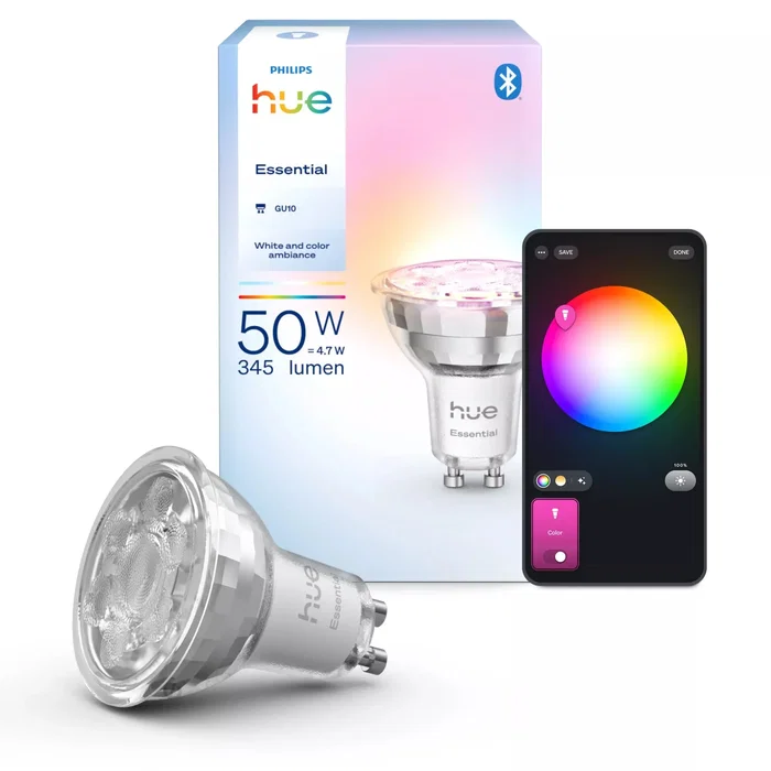 Philips Hue Bombilla LED Inteligente Bluetooth White and Color Ambiance GU10, 4.7 W (Equivalente 50W), 16 Millones de Colores, Luz Blanca Cálida a Fría, Clase F