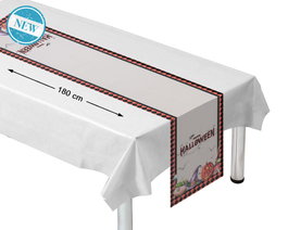 Camino de Mesa de Halloween 180x35 cm, Decorativo para Mesa con Motivos de Calabazas, Murciélagos y Brujas en Blanco y Rojo - Accesorio Festivo