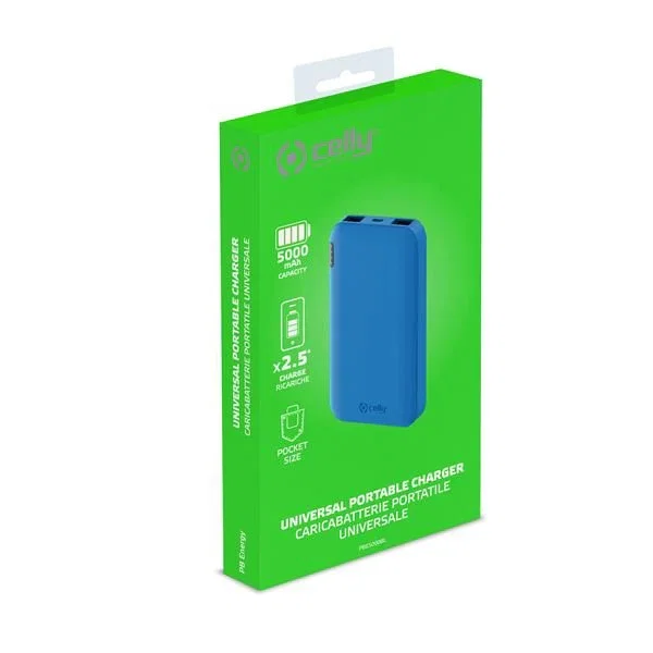 Celly PBE5000 Power Bank - Batería Externa Recargable, 5000 mAh, Ión de Litio, 2 Puertos USB 2.1A, Entrada MicroUSB, Color Azul