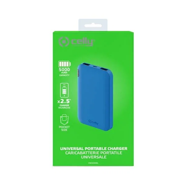 Celly PBE5000 Power Bank - Batería Externa Recargable, 5000 mAh, Ión de Litio, 2 Puertos USB 2.1A, Entrada MicroUSB, Color Azul