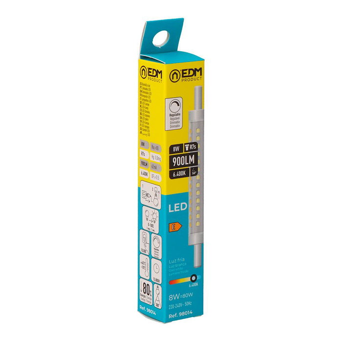 Edm Bombilla LED Lineal R7s 8W 900lm 6400K Luz Fría Regulable 118mm