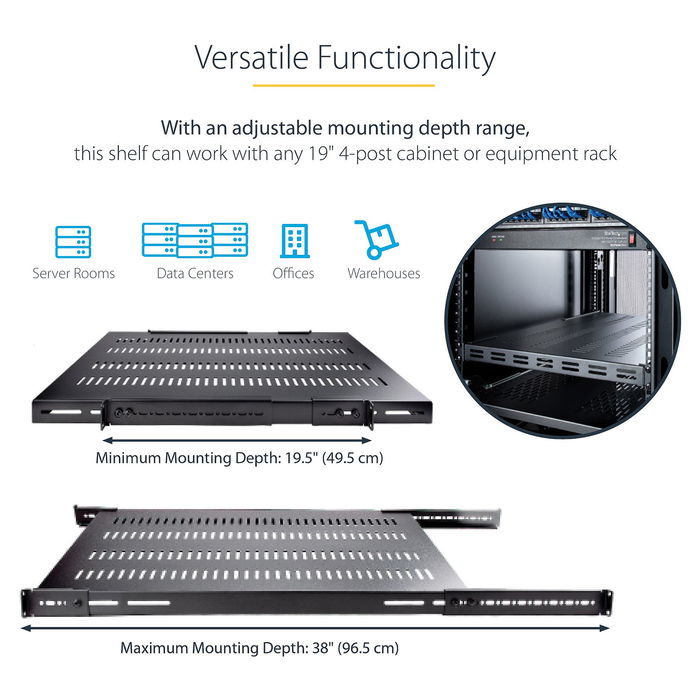 StarTech Fachboden Serverschrank 1HE belüftet, verstellbarer Schwerlast Fachboden für Server Rack/Schrank bis 113 kg