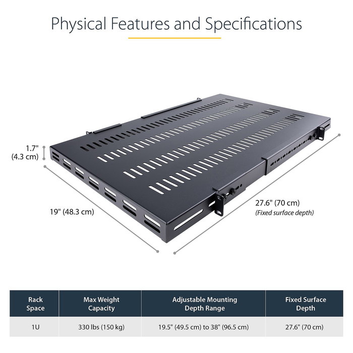 StarTech Fachboden Serverschrank 1HE belüftet, verstellbarer Schwerlast Fachboden für Server Rack/Schrank bis 113 kg