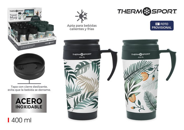 Thermosport Travel Mug Decorada 400ml con 2 Surtidos - Elegante Taza Térmica de Viaje Perfecta para Bebidas Calientes o Frías (12 Unidades) Thermosport Travel Mug Decorada 400ml con 2 Surtidos - Elegante Taza Térmica de Viaje Perfecta para Bebidas Calientes o Frías (12 Unidades)