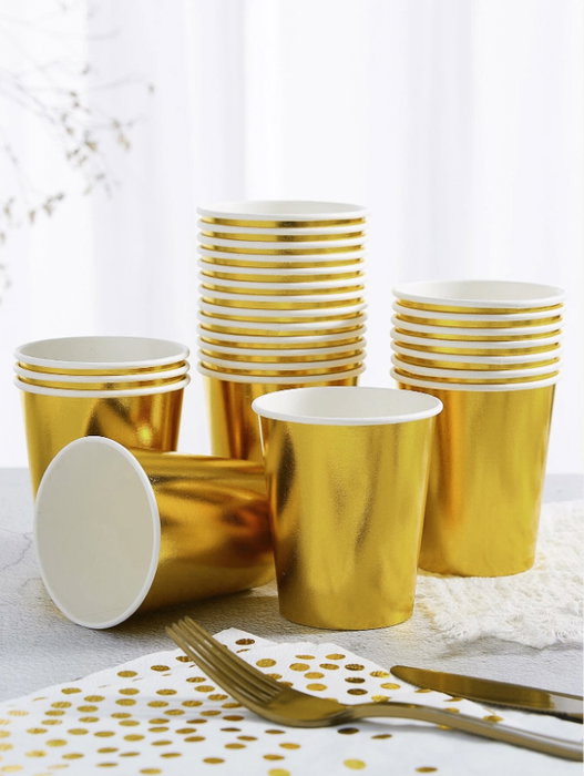 Algon Set 10 Vasos de Cartón Oro 200 cc con Dimensiones 7 x 7.8 x 7 cm (18 Unidades)