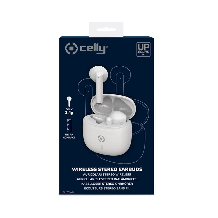 Celly BUZ2 Auriculares True Wireless Bluetooth 5.3 Intraurales con Micrófono, Estuche de Carga Magnético USB-C, 4 Horas de Autonomía, Blanco, para Música y Llamadas