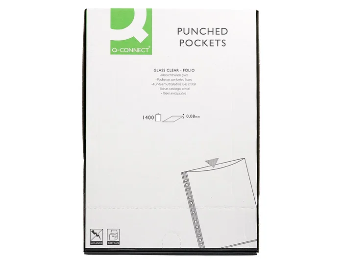 Q-connect Funda Multitaladro Cristal Folio 80 mc para Documentos Polipropileno Transparente No Adherente Tamaño Folio 215x315 mm Caja 1400 Unidades Q-connect Funda Multitaladro Cristal Folio 80 mc para Documentos Polipropileno Transparente No Adherente Tamaño Folio 215x315 mm Caja 1400 Unidades