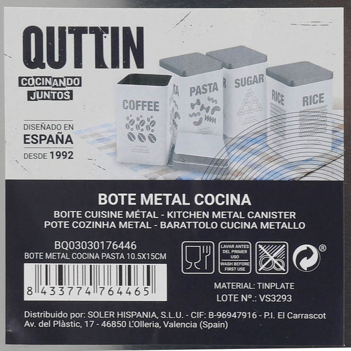 Quttin Bote Metal Cocina Pasta 10.5 x 15 cm (12 Unidades)