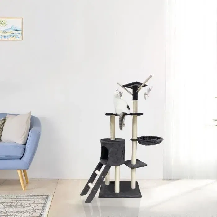 Rascador para gatos gris oscuro 79 x 34 x 138 cm - 3 plataformas, 1 percha, 1 perrera, 1 escalera, postes rascadores ALC14A