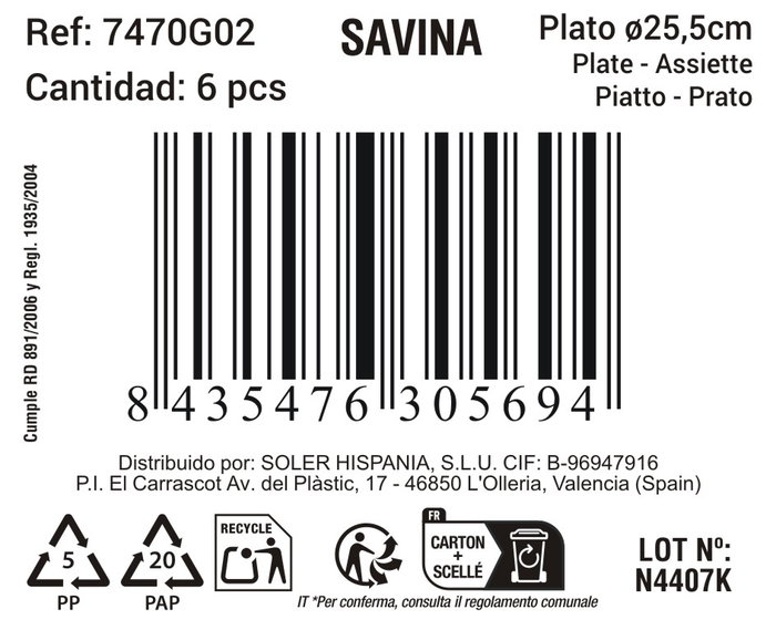 La Mediterranea Plato Savina Ø25.5 cm Colección 000 (12 Unidades)
