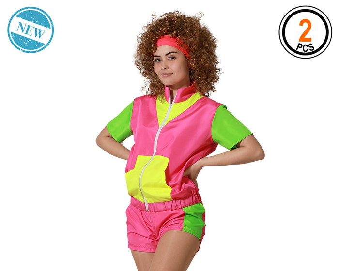 Chándal Corto de Dos Piezas en Colores Flúor para Disfraz de los Años 80 - Camiseta con Cremallera y Pantalón Corto de Aerobic Retro para Fiestas y Festivales Chándal Corto de Dos Piezas en Colores Flúor para Disfraz de los Años 80 - Camiseta con Cremallera y Pantalón Corto de Aerobic Retro para Fiestas y Festivales
