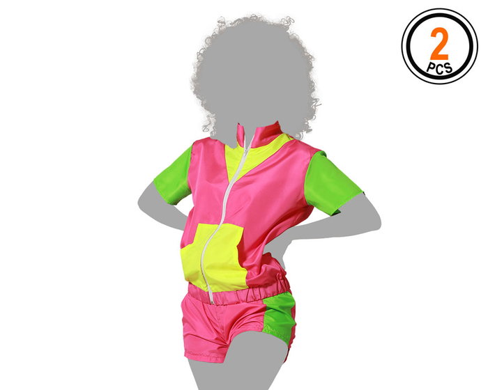 Chándal Corto de Dos Piezas en Colores Flúor para Disfraz de los Años 80 - Camiseta con Cremallera y Pantalón Corto de Aerobic Retro para Fiestas y Festivales Chándal Corto de Dos Piezas en Colores Flúor para Disfraz de los Años 80 - Camiseta con Cremallera y Pantalón Corto de Aerobic Retro para Fiestas y Festivales