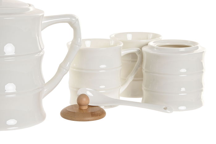 DKD Home Decor Pengjia bambu 2025 Set de 6 Tazas de Porcelana y Bambú Blancas y Naturales 20 x 18.5 x 31 cm (240ml)