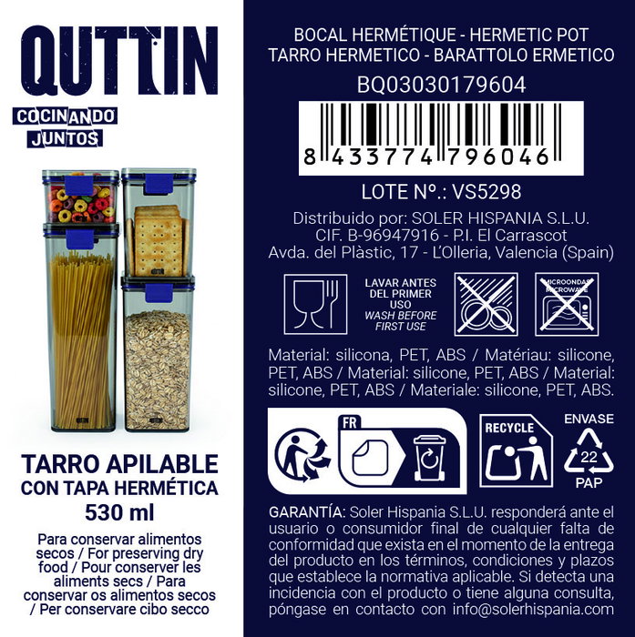 Inde Tarro Pet Cuadrado con Tapa Hermética de 530 ml - 10 x 11.5 x 8 cm (24 Unidades)