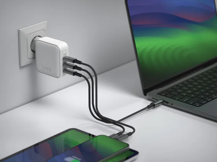 LINQ LQ48033 Cargador de Pared 140W GaN² - 3 Puertos USB-C PD 3.1 (140W+100W+30W) - Blanco - Carga Rápida Universal para Portátil, Smartphone y Tableta - Compatible con MacBook Pro