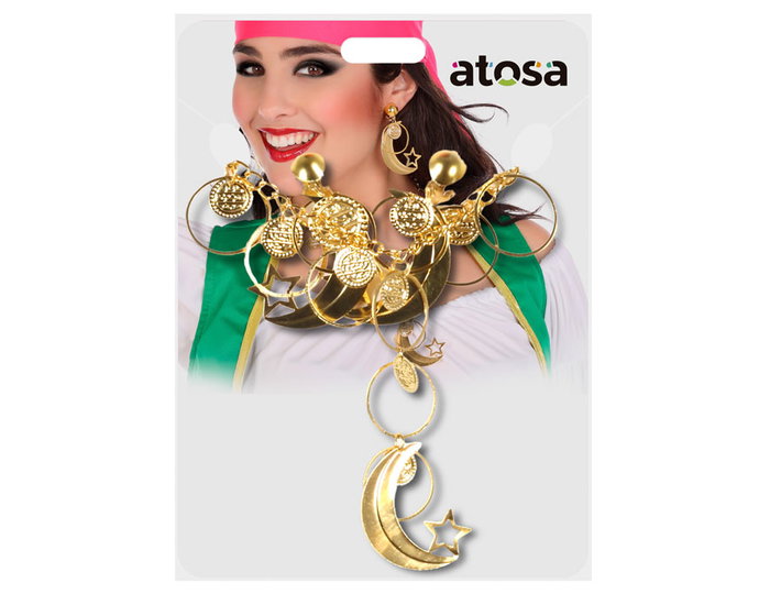 Collar y Pendientes Monedas Doradas Carnaval Mujer Adulto Gitana Maga Hechicera