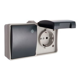 Solera - Conmutador con Base Fija Estanca IP44, 2P+T T/TL, 16A 250V ~, Gris/Negro, Superficie, 127x80x55 mm