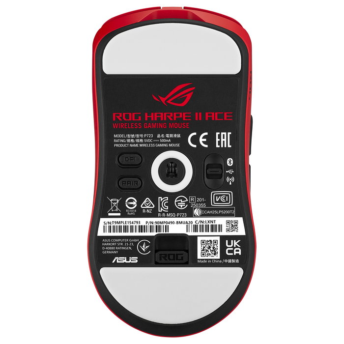 ASUS ROG Harpe II Ace - Ratón Gaming Inalámbrico óptico, 42000 DPI, sensor AimPoint Pro, rojo, ergonómico para diestros, conexión RF 2.4 GHz, Bluetooth 5.1 y USB-C, 101h autonomía