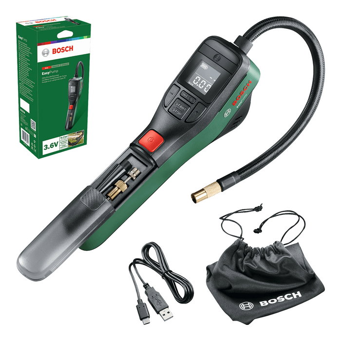Bosch 0.603.947.000 Bomba de Aire Portátil EasyPump 12V, Inflador para Bicicleta, Coche y Hinchables, 10 bar, 10 l/min, Batería Recargable USB Tipo C