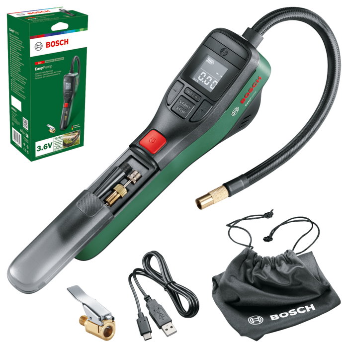 Bosch 0.603.947.000 Bomba de Aire Portátil EasyPump 12V, Inflador para Bicicleta, Coche y Hinchables, 10 bar, 10 l/min, Batería Recargable USB Tipo C