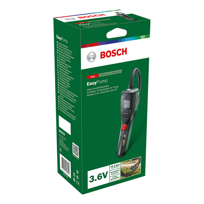 Bosch 0.603.947.000 Bomba de Aire Portátil EasyPump 12V, Inflador para Bicicleta, Coche y Hinchables, 10 bar, 10 l/min, Batería Recargable USB Tipo C