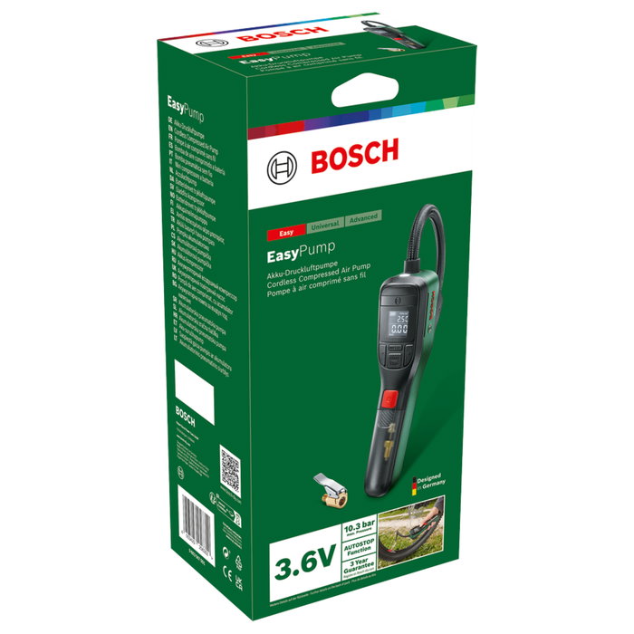 Bosch 0.603.947.000 Bomba de Aire Portátil EasyPump 12V, Inflador para Bicicleta, Coche y Hinchables, 10 bar, 10 l/min, Batería Recargable USB Tipo C