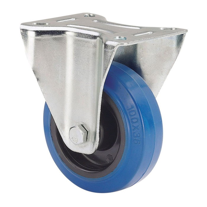Ruedas Alex Rueda fija de goma azul con placa y eje de rodillos, ø 10 cm, carga máxima 100 kg Ruedas Alex Rueda fija de goma azul con placa y eje de rodillos, ø 10 cm, carga máxima 100 kg