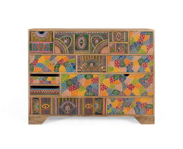 GINER Y COLOMER Cómoda en Madera de Mango con Pintura a Mano 120 cm, 14 Cajones con Motivos Geométricos y Florales, Diseño Asimétrico, Patas Angulares