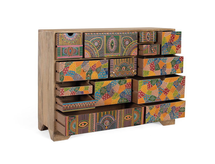 GINER Y COLOMER Cómoda en Madera de Mango con Pintura a Mano 120 cm, 14 Cajones con Motivos Geométricos y Florales, Diseño Asimétrico, Patas Angulares