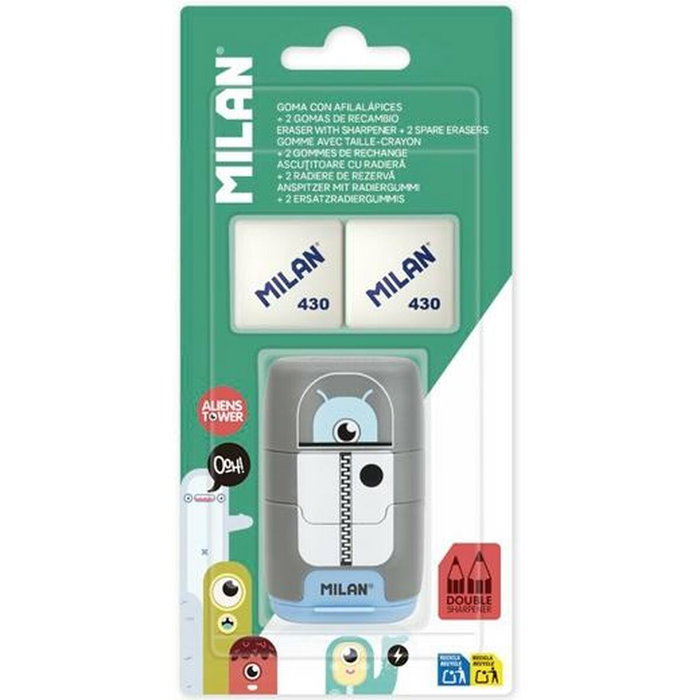 Set de Goma de Borrar y Sacapuntas Milan COMPACT ALIENS Multicolor 3 Piezas (12 Unidades)