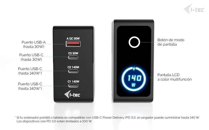 I-TEC Cargador Inteligente Multiport 140W con Pantalla LCD