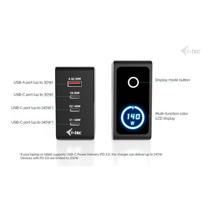 I-tec D i-tec 140W Intelligent Multiport USB Charger 3x USB-C 1x USB-A LCD Display