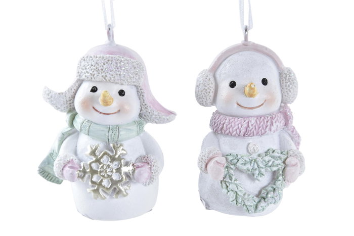 DKD Home Decor Decoración Colgante Navidad Fantasia Blanco Rosa Snowman Resina 5.5 x 3.5 x 6 cm (12 Unidades)