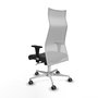 Sillón Albacete con mecanismo Sincro tapizada con Similpiel color Gris oscuro y malla color Blanco. Equipado con Base aluminio, Brazos 1D y Ruedas 65 mm parqué