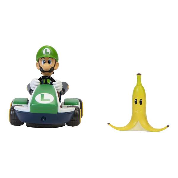 Jakks Pacific - Coche Karts Super Mario Megagiros - Vehículo de Juguete de PVC de 12 cm con Accesorios (Plátano) - Modelos Surtidos (Mario o Luigi)
