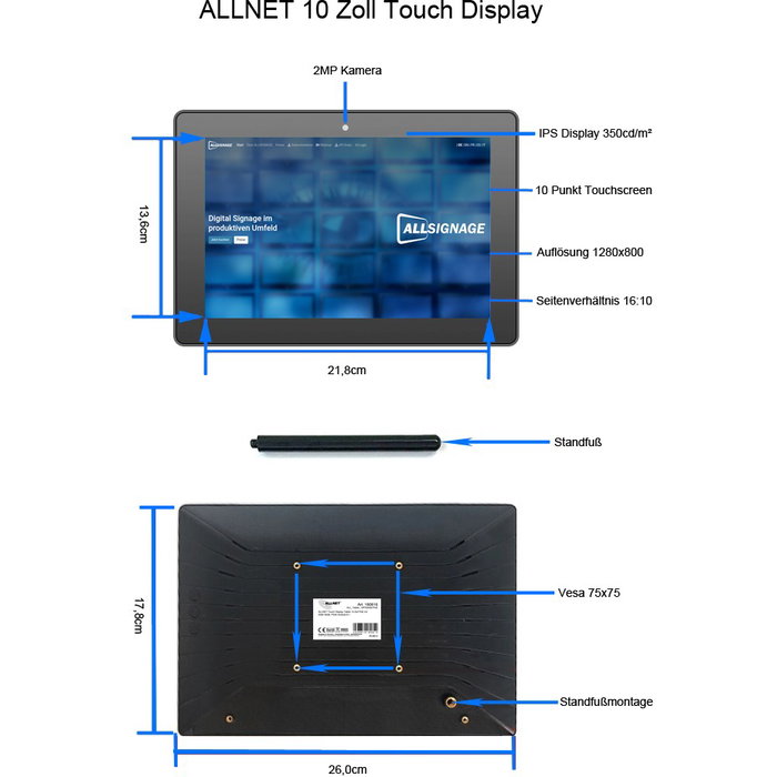 ALLNET PrimeOne-120 Tablet con pantalla táctil de 12 pulgadas, 8GB RAM y 64GB de almacenamiento