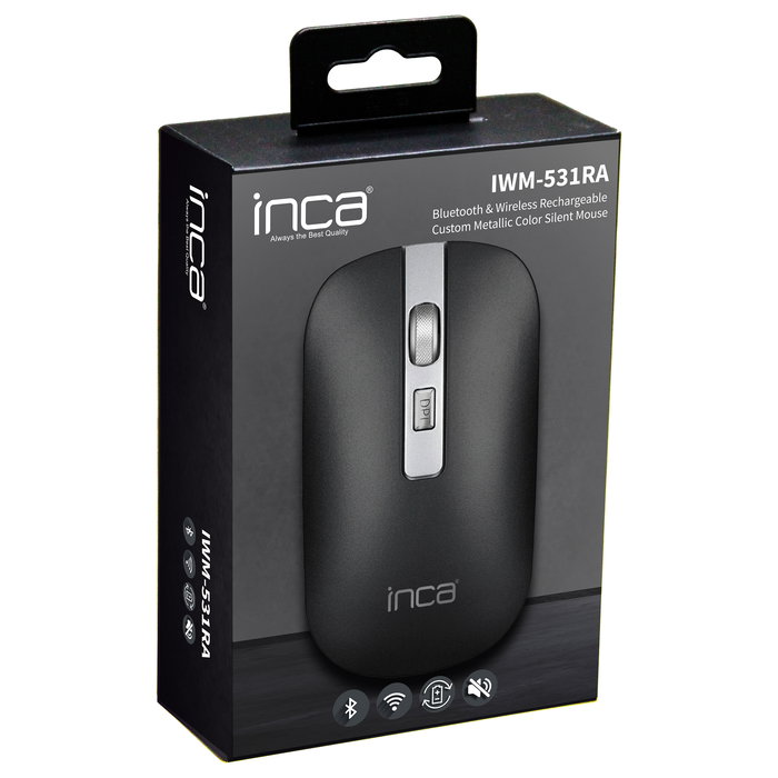 Inca IWM-531RA Ratón Inalámbrico y Bluetooth, Óptico, 1600 DPI, Batería Recargable, Diseño Ambidextro, Antracita