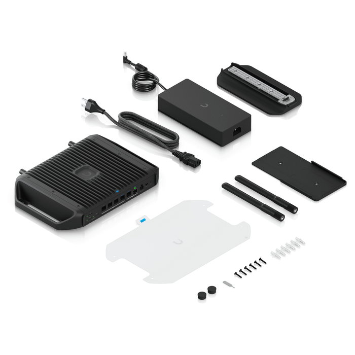 Ubiquiti UCG-Industrial Gateway Industrial con WiFi 6/6E y PoE, 5 Puertos Gigabit, 2 SIM, SFP+, ARM Cortex a 2.2 GHz, Para Bastidor/Escritorio/Pared, Negro