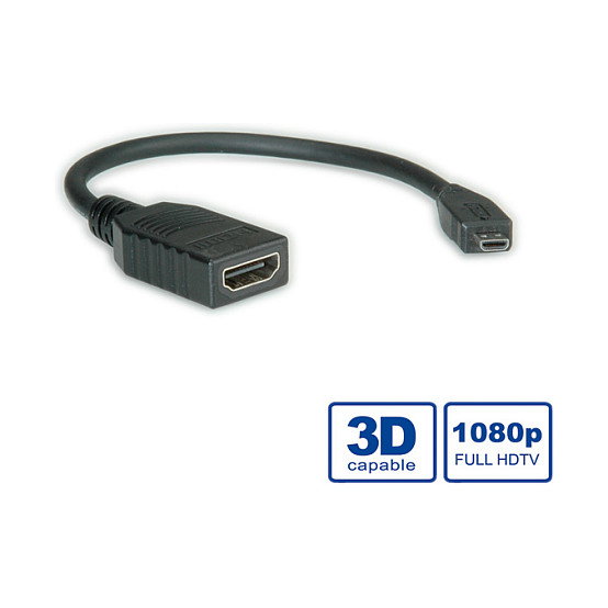 VALUE Cable HDMI 2.0 High Speed con Ethernet, Micro HDMI (Tipo D) a HDMI Estándar (Tipo A) 0.15m, Negro, Protección Magnética
