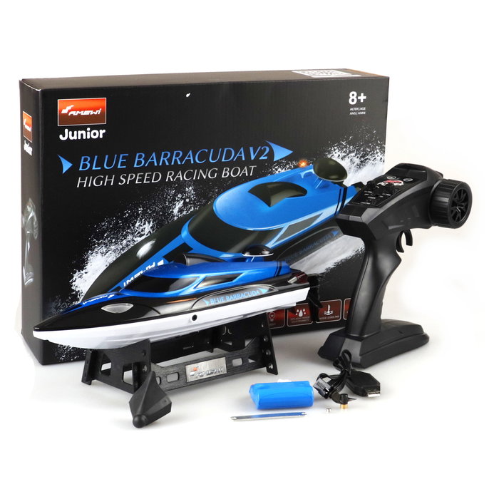 AMEWI Blue Barracuda V2 - Barco RC Eléctrico para Niños a partir de 8 Años, Negro/Azul/Blanco, 355 mm, 1100 mAh, Velocidad 25 kmh, 411 g