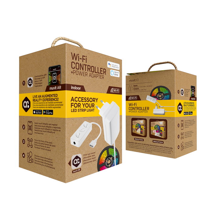 Muvit Controlador WiFi + Adaptador Corriente para Tiras LED Muvit iO, Compatible MIOLST002 y MIOLST004, Control Inteligente App y Voz, Indoor 12V 24W